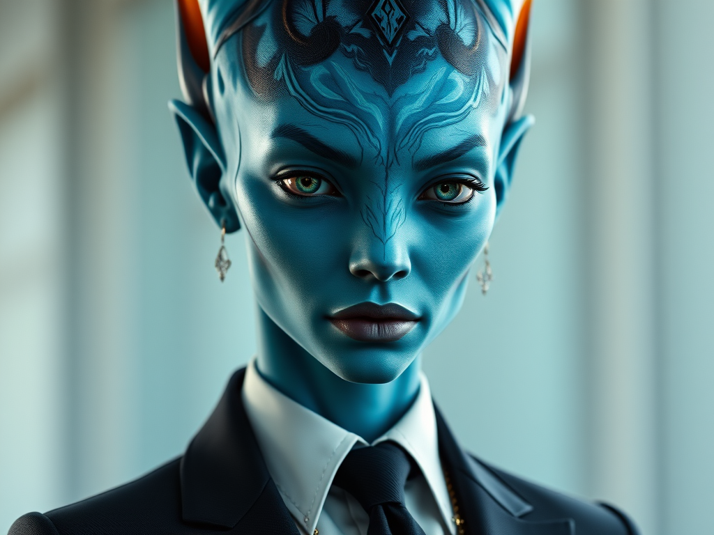 High quality passport photo of a woman Neytiri with blue skin wearing a suit and tie looking directly at the camera with her mouth closed and a neutral expression. She is also wearing a delicate gold chain and some understated diamond earrings