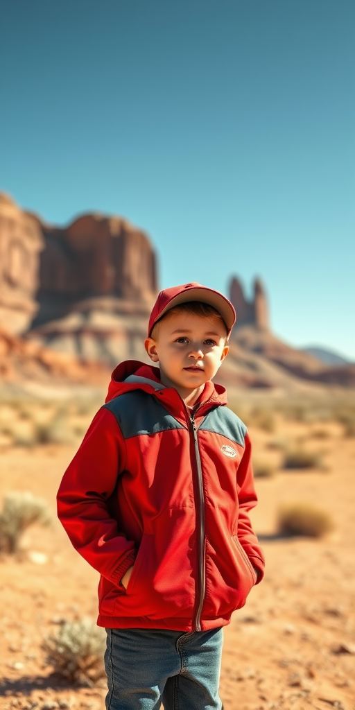 A young boy wearing a red jacket and cap stands in a desert landscape with red rock formations under a bright blue sky, captured with a Canon EOS R5, 35mm lens, f/8 aperture, 1/200s shutter speed, landscape orientation, vibrant color style.