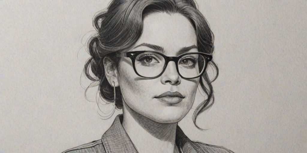 Superb Chad L. Coleman, pencil sketch, portrait of Enticing woman 1951s in glasses, hair style beatnik, outline, clear lines, fine lines, 8k