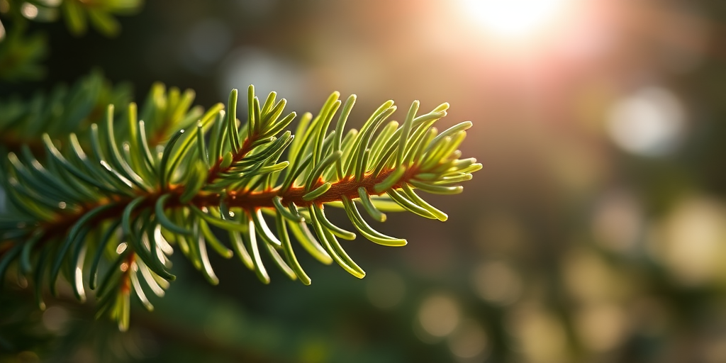 macro shot of a green pine branch with sunlight filtering through, shallow depth of field, ISO 100, f/2.8, 1/400s, taken with a DSLR camera, 50mm lens, natural light photography