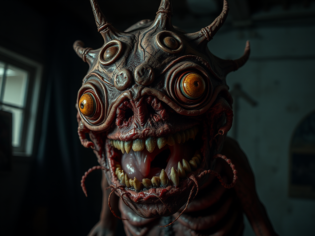 A grotesque creature with exposed innards and multiple eyes, set in a dimly lit environment, captured with a Canon EOS R5, 50mm f/1.2 lens, ISO 100, shutter speed 1/200s, with dramatic shadows and high contrast for enhanced details.