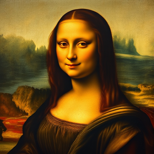 Regenerate the Mona Lisa painting with high-resolution details, aperture f/8, ISO 100, 50mm lens, taken from an eye-level perspective, in a classical painting style using digital restoration techniques.