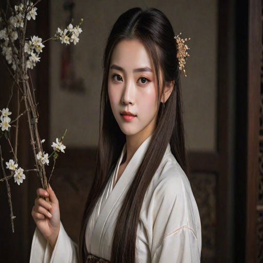 LYF, In a dimly lit, Chinese study filled with antique books and dusty trinkets, the captivating LYF, a woman of striking beauty, poses in an enigmatic manner, her eyes locked onto the viewer's soul.She is wearing white hanfu, Her long,hanfu hairstyle, reflecting the soft glow of a nearby candle, while her brown highlights catch the light and accentuate her facial features. Her long hair is hanfu hairstyle with twigs and flowers, adding to the ethereal and mystical atmosphere. The camera angle is low, giving the viewer an intimate perspective, as if they were standing right in front of her, making it seem as though she is reaching out to them with a sense of alluring invitation.
