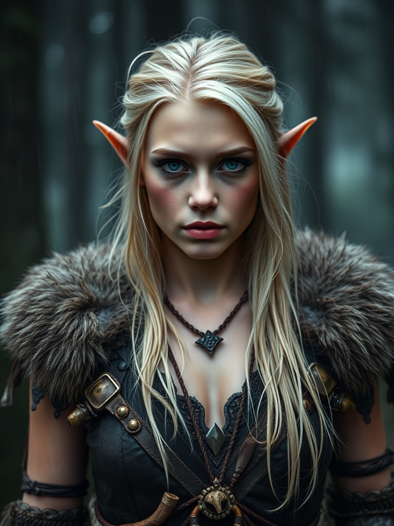cinematic photo of a young Elf shaman woman, 19 years old, pale skin, blonde long hair, short small pointed ears, stunning beauty, (bright blue eyes), wearing furs and leather and intricately detailed tribal garb, beads, feathers, bones, candid shot, (sexy), petite fit body, real textured skin, intricately detailed eyes, wet hair, high contrast, subsurface scattering, outdoors, rain, overcast, foggy, fantasy world forest setting, warm rich dark color palette