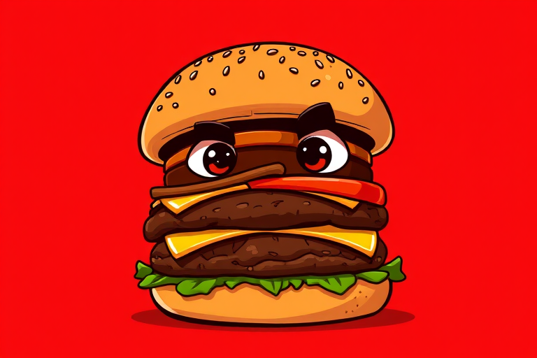 Create a high-resolution vector-style illustration of a cartoonish burger with exaggerated features, set against a vibrant red background, using a Canon EOS R5 with a 50mm lens at f/2.8, ISO 100, and a focused view to emphasize the details of the burger.