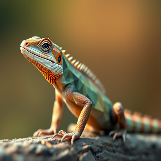 Create a high-resolution polygonal geometric illustration of a lizard with a side profile view, using a DSLR camera with a 50mm lens, aperture f/2.8, ISO 100, and a shallow depth of field for enhanced clarity and detail.