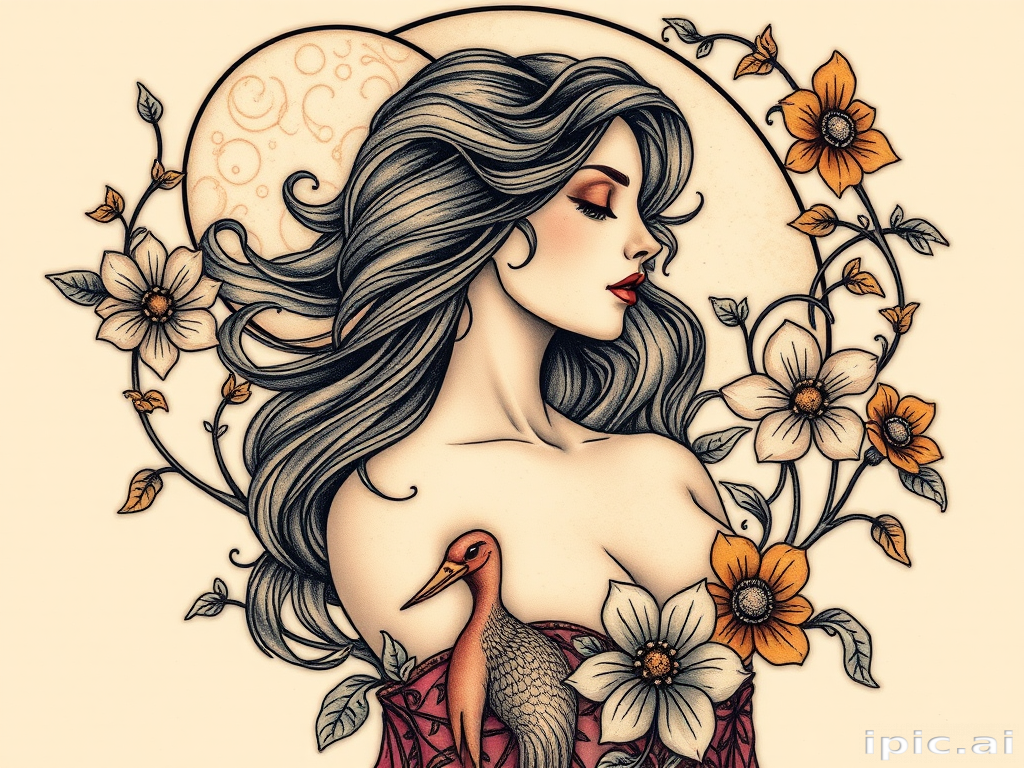 Art Nouveau-inspired tattoo named "Moonlit Serenade" depicting an elegant woman with flowing hair surrounded by whimsical flora and fauna, incorporating sinuous lines and muted color palette