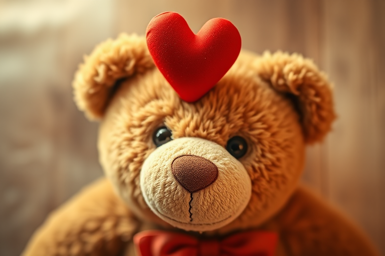 Create a soft-focus, high-resolution image of a teddy bear with a red heart above it, using a DSLR camera at f/2.8 aperture, ISO 200, 50mm lens, top-down view, warm lighting, and a shallow depth of field.