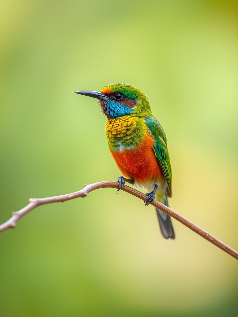capture a vibrant bird perched on a thin branch with a blurred green background, use a Canon EOS 5D Mark IV, f/4 aperture, ISO 200, 1/500 sec shutter speed, focus on the bird with a shallow depth of field, natural lighting