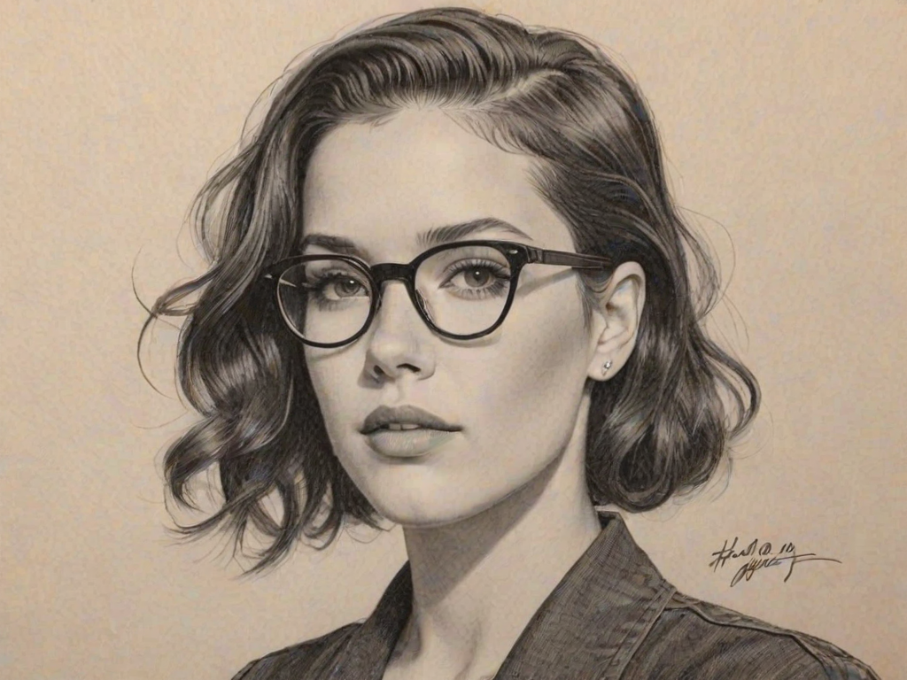 Stunning Halsey, pencil sketch, portrait of Exquisite woman 1942s in glasses, hair style beatnik, outline, clear lines, fine lines, 8k