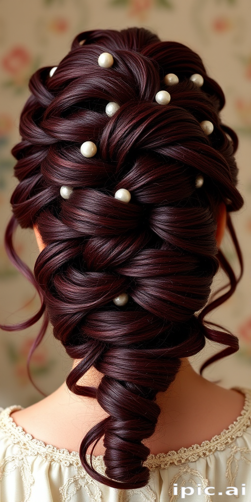 Deep burgundy locks fashioned into an elaborate, Renaissance-inspired updo with braided coils and pearl embellishments, embodying regal "Wine and Roses" elegance