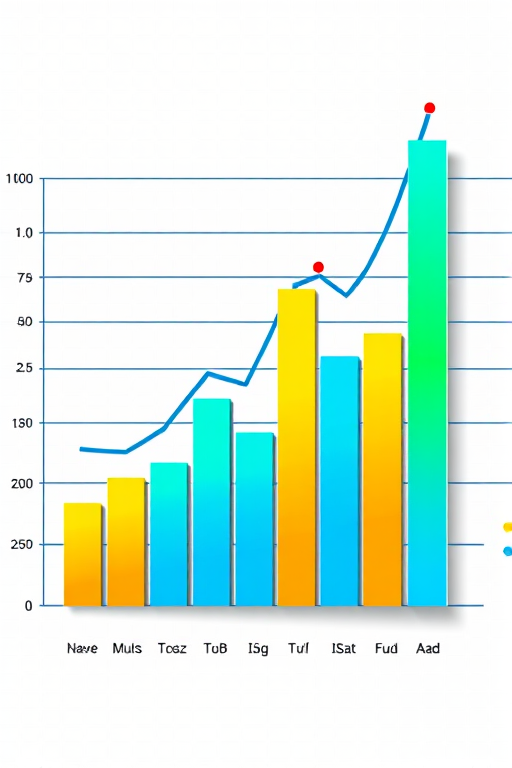 Create a high-quality digital illustration of a colorful bar and line chart with a transparent background, using a DSLR camera type with a wide aperture of f/2.8, focal length of 50mm, and ISO 100, captured from a top-down view with a vibrant color palette focusing on blue, green, and yellow accents.