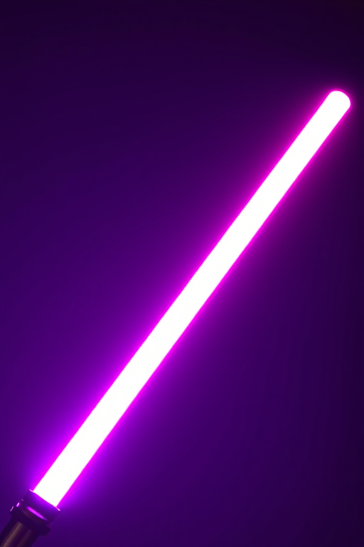 Create a high-resolution image of a glowing lightsaber against a dark purple background, using a DSLR camera with a 50mm lens, aperture f/1.8, ISO 200, and a shutter speed of 1/60 seconds, capturing a cinematic angle.