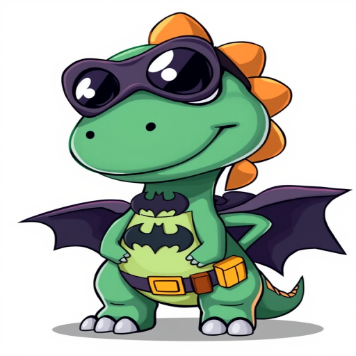 A cute dinosaur superhero character with large eyes, a Batman logo on its chest, wearing a cape and a utility belt, illustrated in a cartoon style, shot with a DSLR camera at f/2.8, 50mm lens, natural lighting, high resolution.