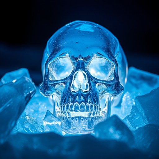 create a glowing crystal skull emerging from sharp ice shards with intense blue light, shot with a Canon EOS R5 at f/2.8, ISO 100, 1/125s, macro view, low-angle perspective, high dynamic range imaging
