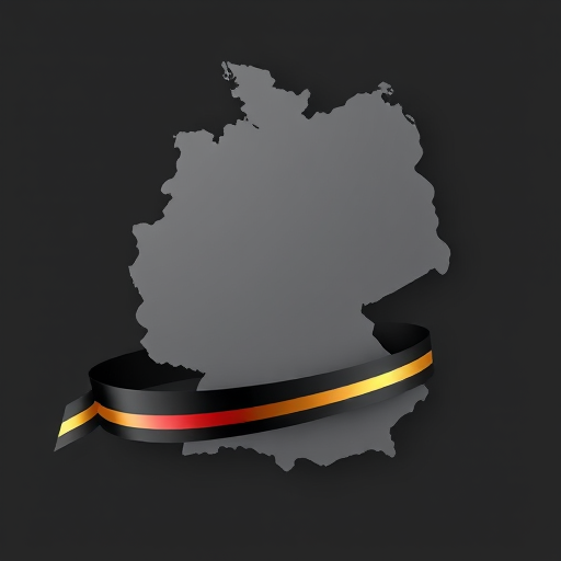 Create an image of a silhouette map of Germany in gray with a glossy ribbon in black, red, and gold underneath, using a DSLR camera with a 50mm lens, aperture set to f/2.8, ISO 100, and natural soft lighting for enhanced quality.