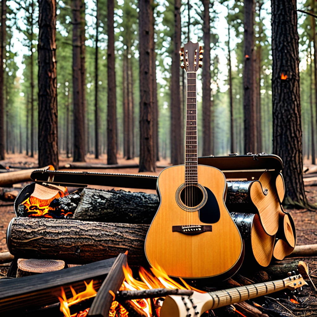 Guitar acoustic, fire, bonfire, Forest