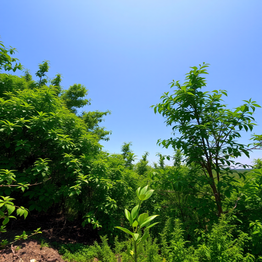 Capture a high-resolution image of a serene natural landscape featuring lush greenery and a clear blue sky, using a Canon EOS R5, aperture f/8, shutter speed 1/250s, ISO 100, in landscape orientation with a wide-angle lens.
