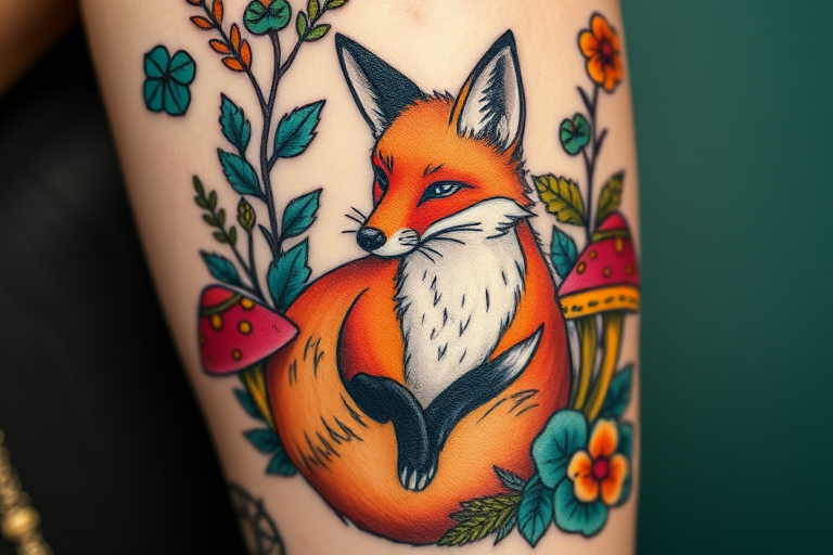 Neo-traditional tattoo named "Enchanted Forest" featuring a stylized fox surrounded by lush foliage and magical mushrooms, rendered in a palette of rich earthy tones and accented with pops of teal and gold, blending classic and contemporary tattoo styles
