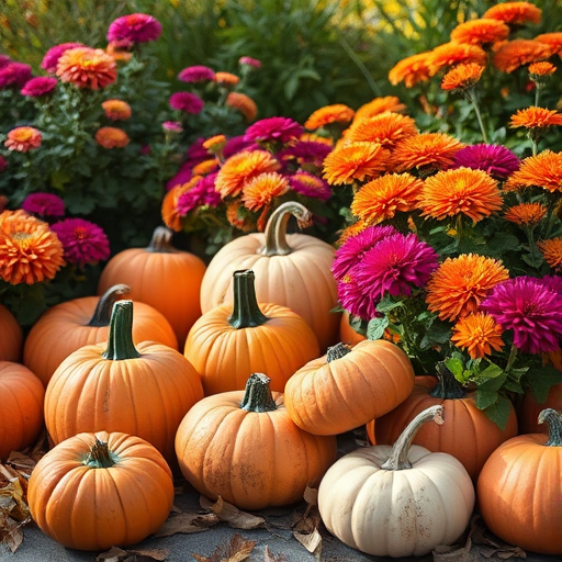Capture a vibrant autumn scene featuring a variety of pumpkins and colorful chrysanthemums, shot with a Canon EOS R5, 50mm lens, f/1.8, ISO 200, in soft natural light from a low angle, with a shallow depth of field to enhance details and create a warm, inviting atmosphere.