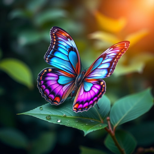 Generate an image of a vibrant butterfly perched on a green leaf. The butterfly should have intricate patterns in shades of blue, purple, and orange, showcasing its colorful wings against a softly blurred background of foliage. The scene should convey a sense of tranquility and natural beauty.