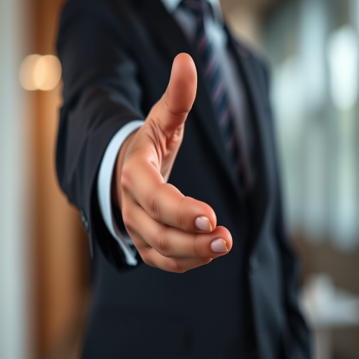Create a high-resolution image of a businessman in a suit extending his hand for a handshake, use a Canon EOS R5 camera with a 50mm f/1.2 lens, aperture set to f/2.8, ISO 100, and 1/200 shutter speed, with a slightly blurred background to focus on the hand and suit, soft lighting for a professional and approachable look.