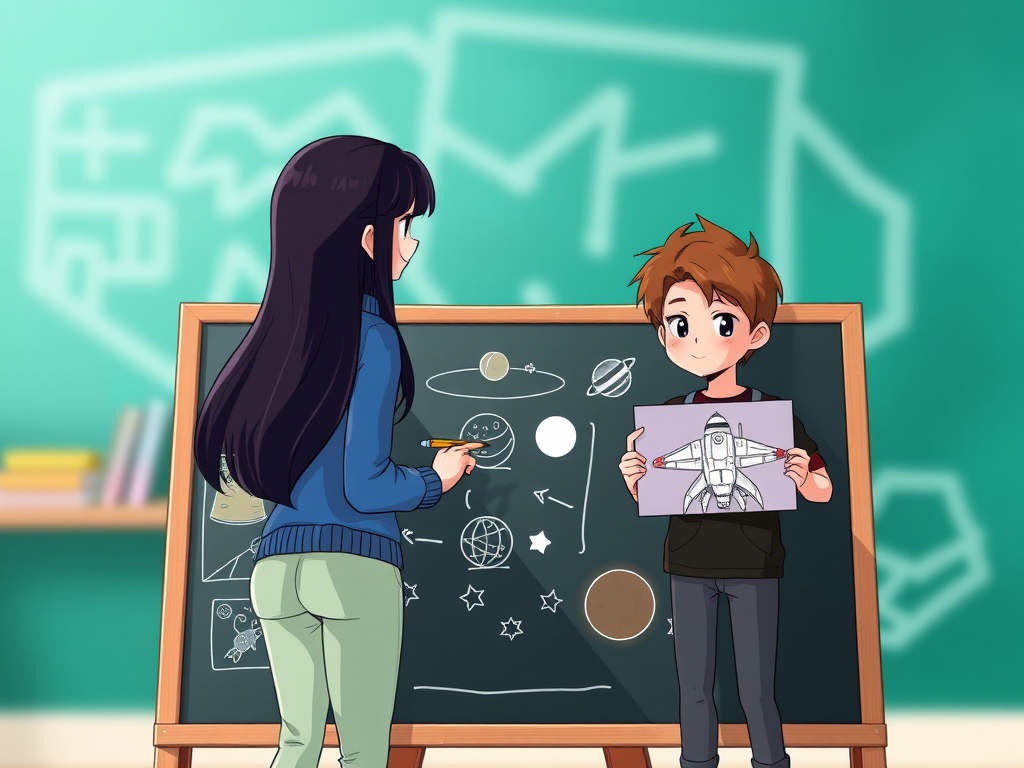 Create a high-resolution illustration of two cartoon characters: one is a woman with long black hair wearing a blue sweater and light green pants drawing on a blackboard with space-themed images, while the other is a young man with brown hair holding a drawing of a spaceship, set against a blurred abstract teal background, captured with a DSLR camera at f/2.8 aperture, 1/125 sec shutter speed, ISO 100, in a wide-angle view to enhance depth and detail.