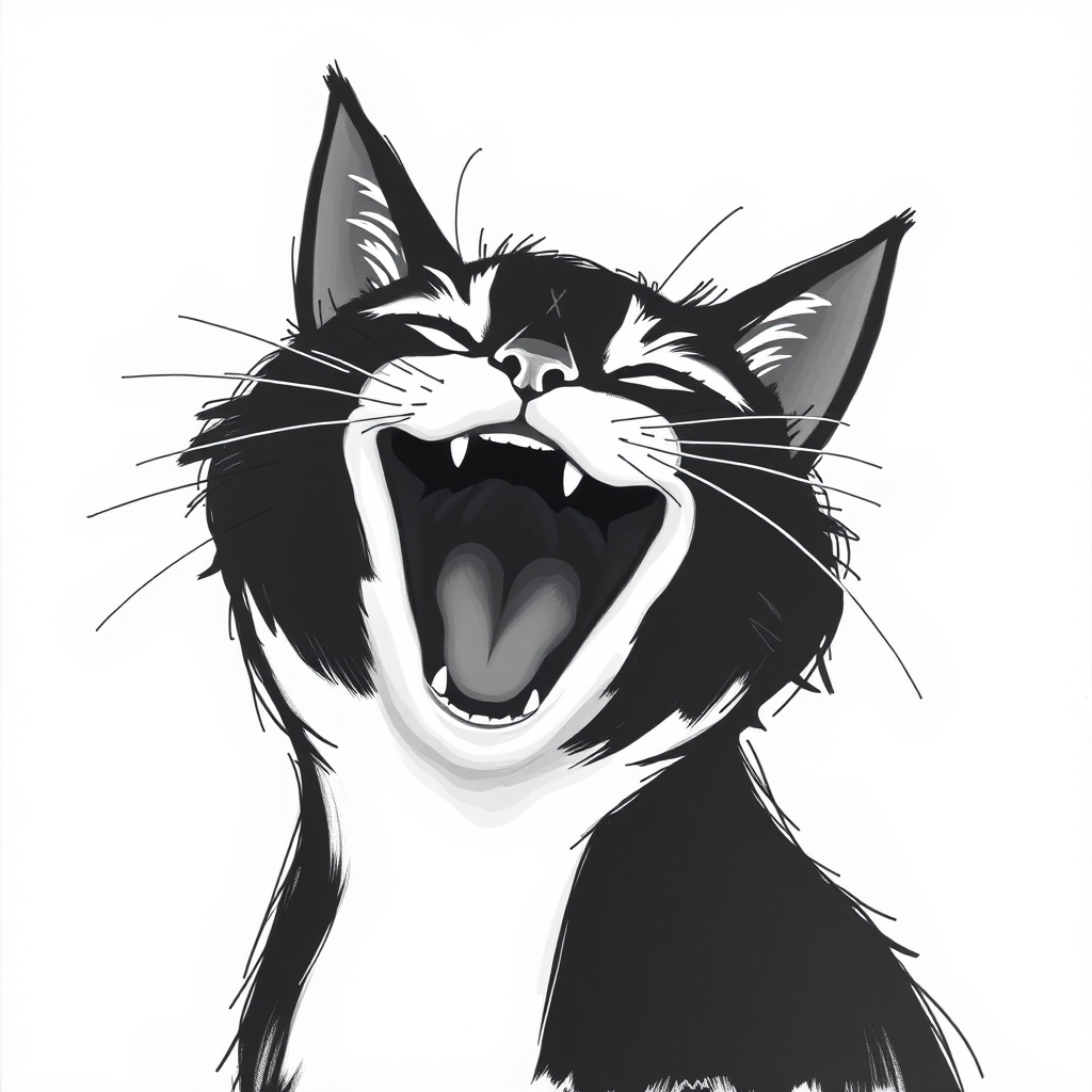 Abstract black and white acrylic portrait of an over exaggerated laughing (cat). Minimalism style. White background.