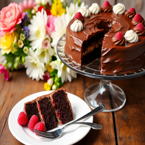 A beautifully decorated chocolate frosted cake on a glass cake stand with a slice on a white plate garnished with fresh raspberries and a fork beside it, set against a background of colorful flowers and a rustic wooden table.