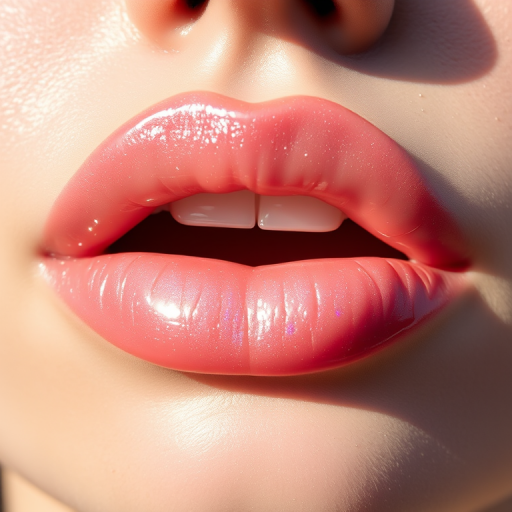 Sheer glossy lips in "Crystal Dew" style, featuring a clear base with iridescent pearl pigments that catch the light, creating a ethereal and dewy appearance