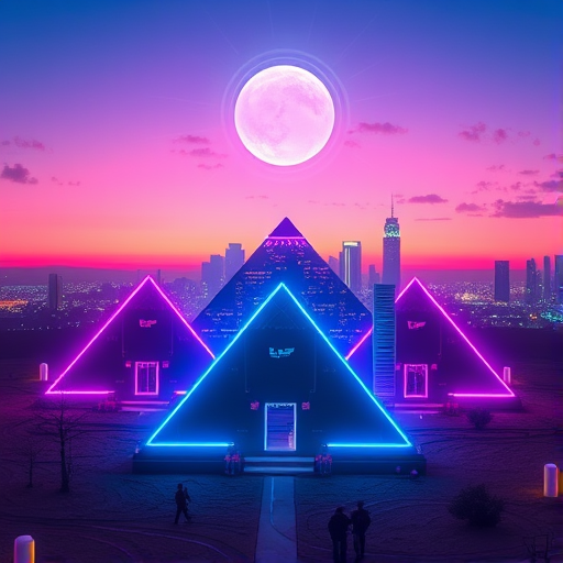 Generate a vibrant synthwave landscape featuring neon pyramids against a futuristic city skyline at dusk with a glowing orb above, using a Canon EOS R5 with a 24mm lens, ISO 100, f/2.8, 1/60s shutter speed, wide-angle view for immersive depth, and enhanced color saturation to emphasize the neon palette.