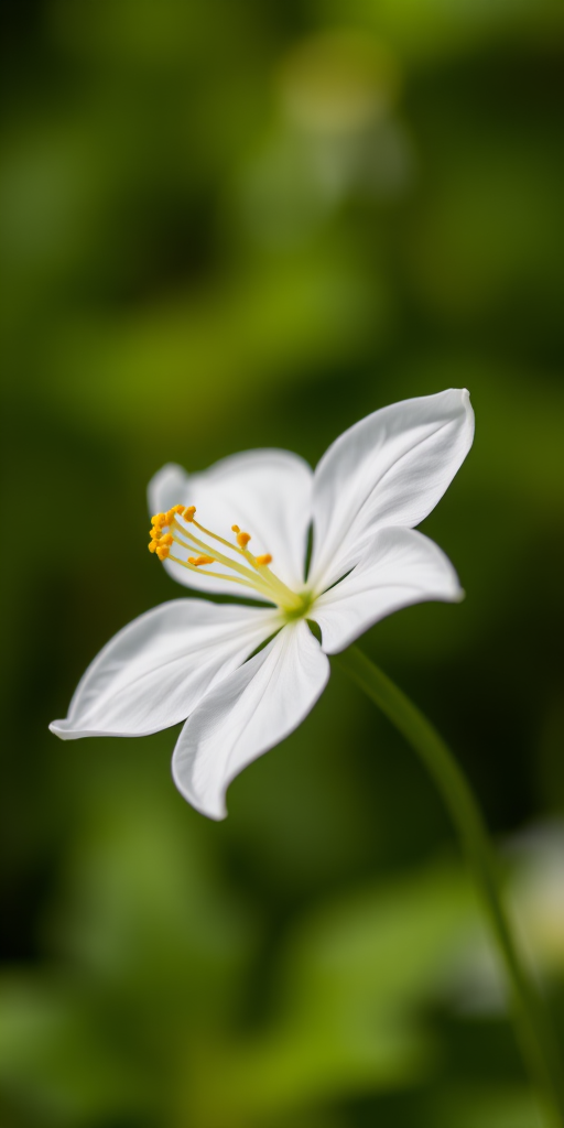 Macro shot of a white flower with yellow stamen against a blurred green background, f/2.8, ISO 100, 1/200s, 50mm lens, natural light, DSLR camera.