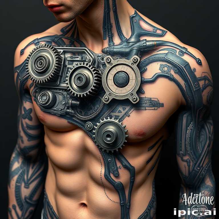 Realistic 3D biomechanical tattoo dubbed "Cybernetic Evolution" depicting hyper-detailed mechanical components seamlessly merging with human anatomy gears pistons and circuitry appear to lie just beneath the surface of the skin creating an illusion of a futuristic cyborg enhancement meticulously shaded to achieve a striking three-dimensional effect