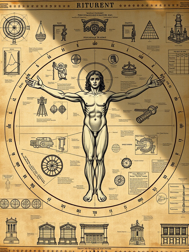 Illustrate a detailed Renaissance-style artwork featuring the Vitruvian Man at the center, surrounded by intricate sketches of inventions and architectural designs, using a Canon EOS 5D Mark IV with a 50mm lens, aperture set to f/8, ISO 100, in natural light to capture rich textures and fine details.