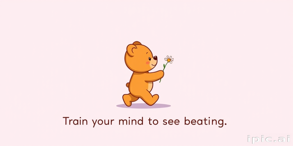 A cute, cartoonish illustration on a soft lavender background. In the center is a small, adorable teddy bear with orange-brown fur, in the profile and walking. The bear is holding a single, simple-drawn daisy flower. Below the image is text that reads: "Train your mind to see beauty in everything." The overall style is minimalist and whimsical, with a gentle, comforting aesthetic that conveys innocence and positivity.