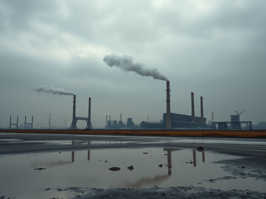 Generate a high-resolution image of a desolate industrial landscape featuring multiple smokestacks emitting thick smoke against a murky sky, with a polluted puddle reflecting the scene in the foreground, shot with a DSLR camera at f/8, ISO 100, shutter speed 1/125 sec, in landscape orientation for dramatic effect.