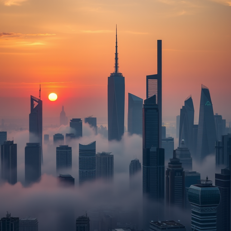 futuristic city skyline at sunset with towering skyscrapers and a misty atmosphere, taken with a Canon EOS 5D Mark IV at f/8, ISO 100, 24mm lens, wide-angle view, HDR style.