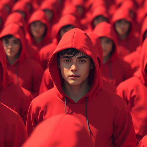 create an illustration of a single figure in a red hoodie amidst a crowd of identical figures in red hoodies, focusing on the individual who appears relaxed and disengaged, using a shallow depth of field with a 50mm lens, f/1.8 aperture, natural lighting, and a slightly overhead angle to enhance the contrast and details in the figure's expression and clothing textures