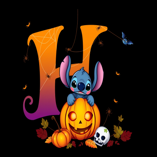 A whimsical and vibrant Halloween-themed digital illustration featuring the letter "H" adorned with spider webs, small bats, and cute spiders. At the base of the letter, a playful alien character similar to Stitch is peeking out from inside a carved pumpkin with glowing eyes, surrounded by additional pumpkins, a small skull, and autumn leaves. The letter is gradient-colored from orange to purple, adding a magical atmosphere to the scene, black background