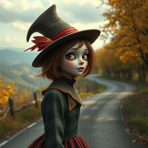 digital art fantasy depicting a strange girl with brown hair, long eyelashes, white lipstick and a tall hat walking along a winding road on an autumn afternoon, an Finch smiles as she passes