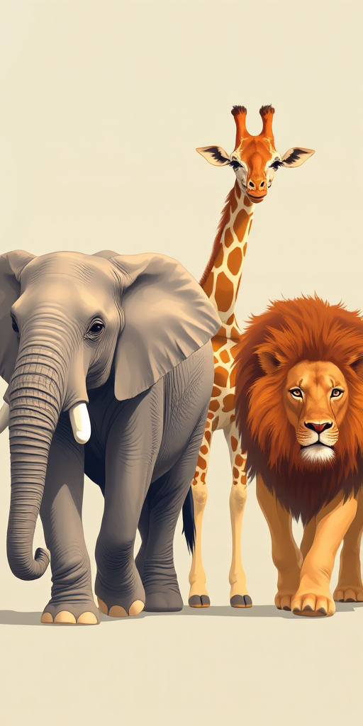 Create a high-resolution vector illustration of an elephant, giraffe, and lion walking in a line, with a focus on detailed textures and clear outlines, using a Canon EOS R5 with a 50mm lens, f/2.8 aperture, ISO 100, and natural lighting to enhance visual clarity and vibrancy.