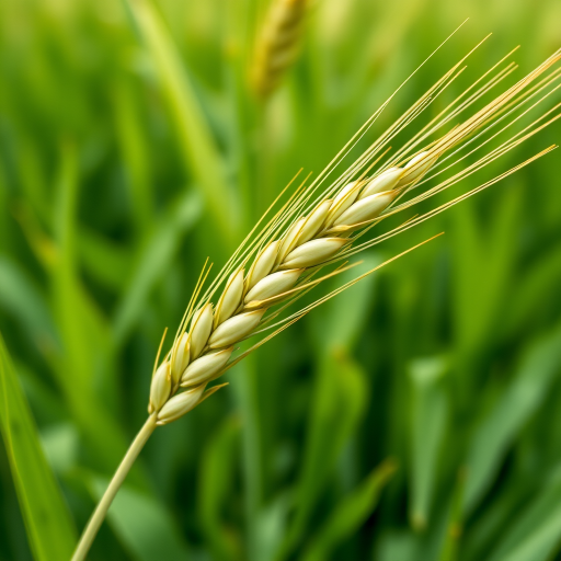 Capture a close-up of a wheat spikelet in a lush green field, using a Canon EOS R5 camera with a 100mm macro lens, aperture set to f/2.8 for shallow depth of field, ISO 200 to reduce noise, and a shutter speed of 1/500s for sharp details.