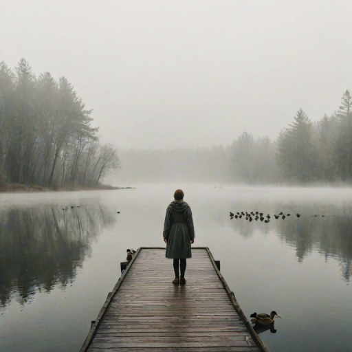 Fog rolling over a tranquil river, ducks swimming by, and a lone woman standing on a wooden dock, staring into the mist.
