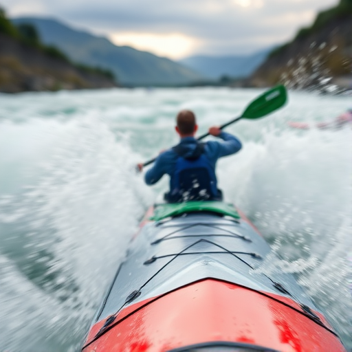 Blurry action shot of a kayaker navigating through whitewater rapids, water splashing up from the sides of the kayak, with distant mountains barely visible through the mist and soft light from an overcast sky.