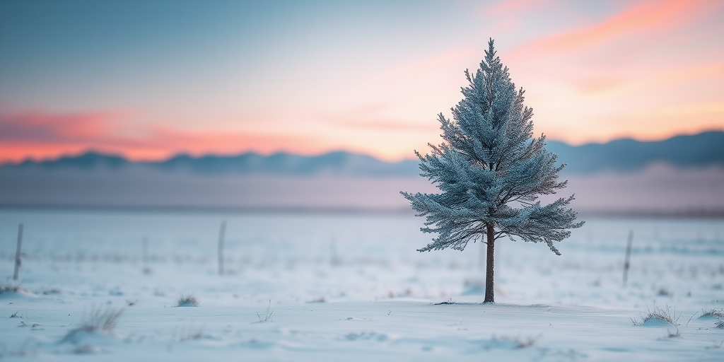 Soft-focus image of a lone tree standing in a snow-covered field at sunrise, with soft pink and orange hues illuminating the sky and distant mountains softly blurred in the background.