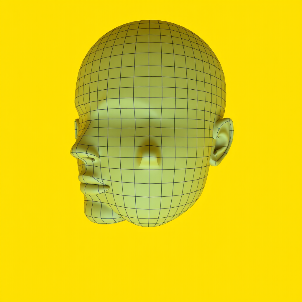 regenerate a stylized 3D model of a human head with a grid overlay against a bright yellow background, use a Canon EOS R5, 50mm lens, f/8 aperture, ISO 100, and soft diffused lighting to enhance details