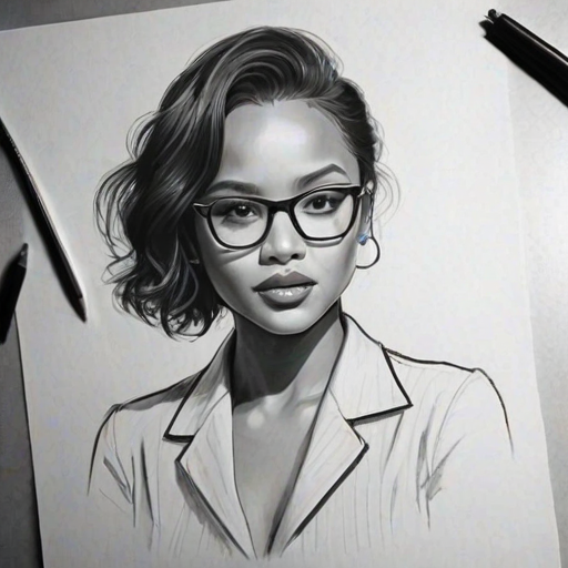 Alluring Karrueche Tran, pencil sketch, portrait of Beauteous woman 1937s in glasses, hair style beatnik, outline, clear lines, fine lines, 8k