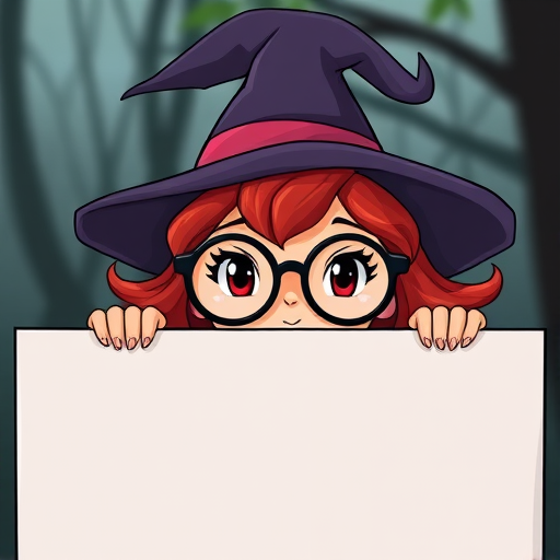 Create an illustration of a cartoon witch with red hair peeking over a blank rectangular sign, with large round glasses and a pointy hat, using a DSLR camera with a 50mm lens, f/2.8 aperture, ISO 100, natural lighting, and a shallow depth of field for enhanced image quality.