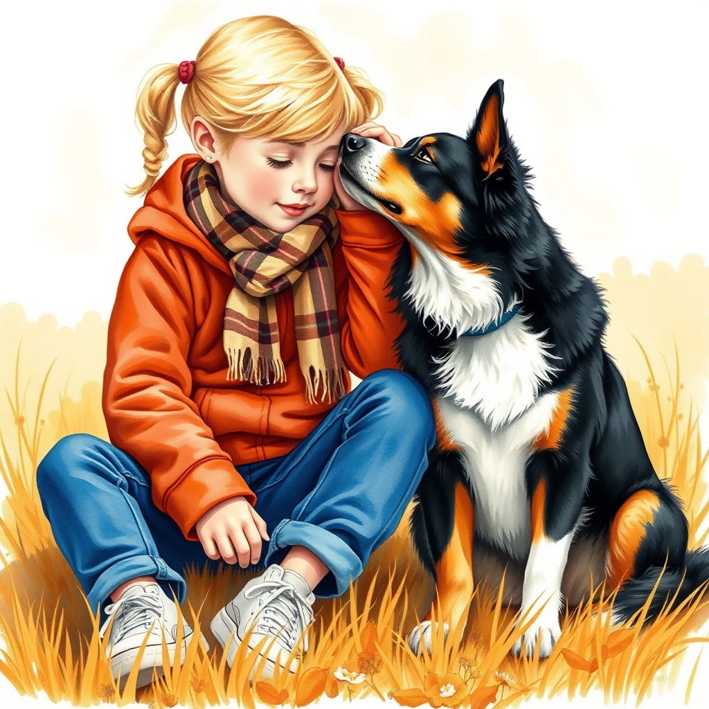 A detailed watercolor and acrylic illustration showing a heartwarming scene between a young blonde girl in pigtails and a Bearnaise Mountain dog. The girl, dressed in a rust hoodie, jeans, and a plaid scarf, gently rests her hand on the dog’s head. The dog, with black, copper, and white fur, sits beside her, tilting its head in affection. They sit on golden grass with wildflowers, against a sunny fall background. The artwork focuses on realistic textures and the tender bond between them.