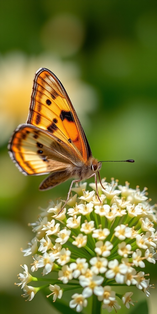 high-resolution macro photograph of a butterfly perched on clusters of small white flowers, natural lighting, aperture f/2.8, shutter speed 1/500s, ISO 200, taken with a DSLR camera, 85mm lens, shallow depth of field for background blur.